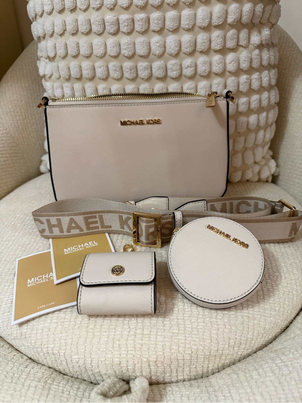 Michael Kors Cream Leather Crossbody Set with Coin Case and Strap